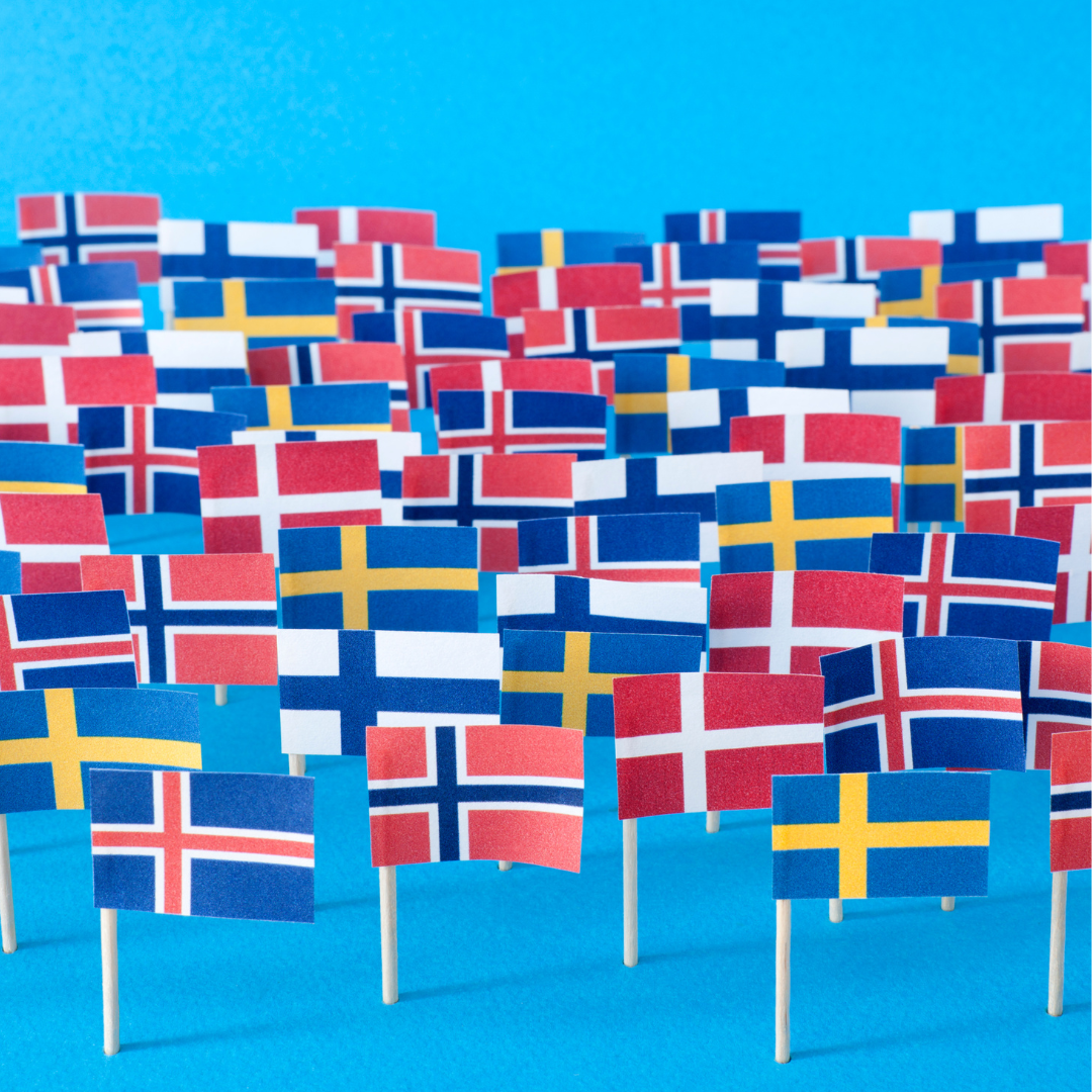 Kuvassa vaaleansinistä taustaa vasten useita pohjoismaiden lippuja pienoiskoossa.