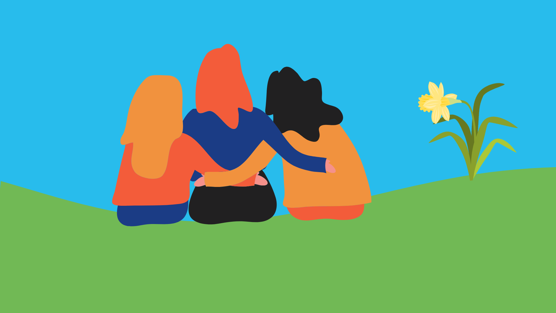 Piirroskuva jossa kolme ihmistä istuu ruohikolla.