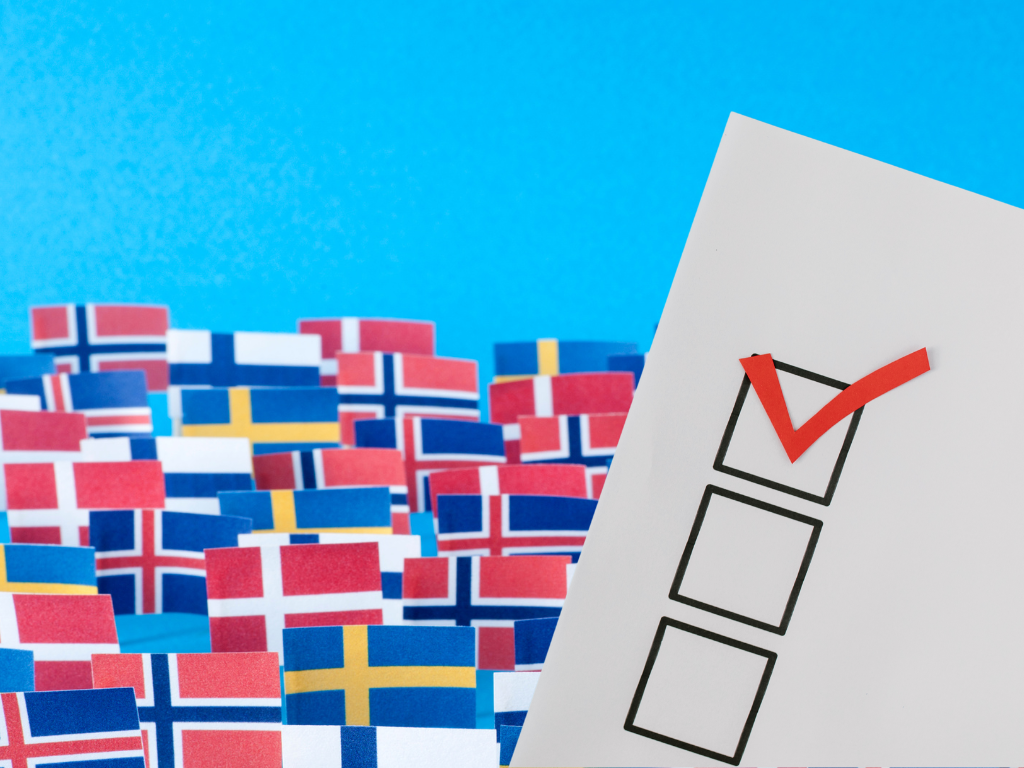 Pohjoismaiden liput sinistä taustaa vasten. Oikeassa reunassa on kyselylomake, jonka yksi vaihtoehto on rastitettu punaisella.